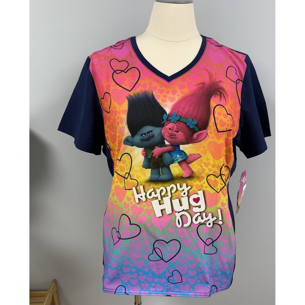 NWT Trolls Cherokee Scrub Top XS Happy Hug Day Scrubs Uniform Tooniforms Nurse